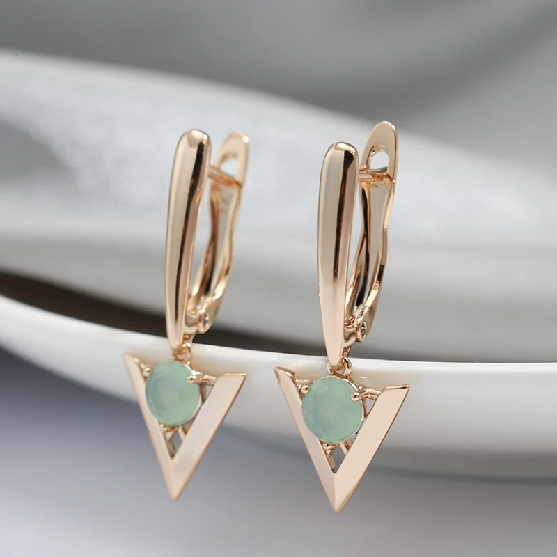 SYOUJYO 585 Rose Gold Color Triangle Drop Earring Emerald Green Natural Zircon Fine Jewelry Elegant Luxury Long English Earrings