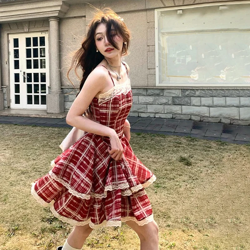 

Summer Dresses Red Plaid Suspender Sweet Spicy Girl A-line Cake Puffy Short Skirt Formal Occasion De Noche Dress for Women