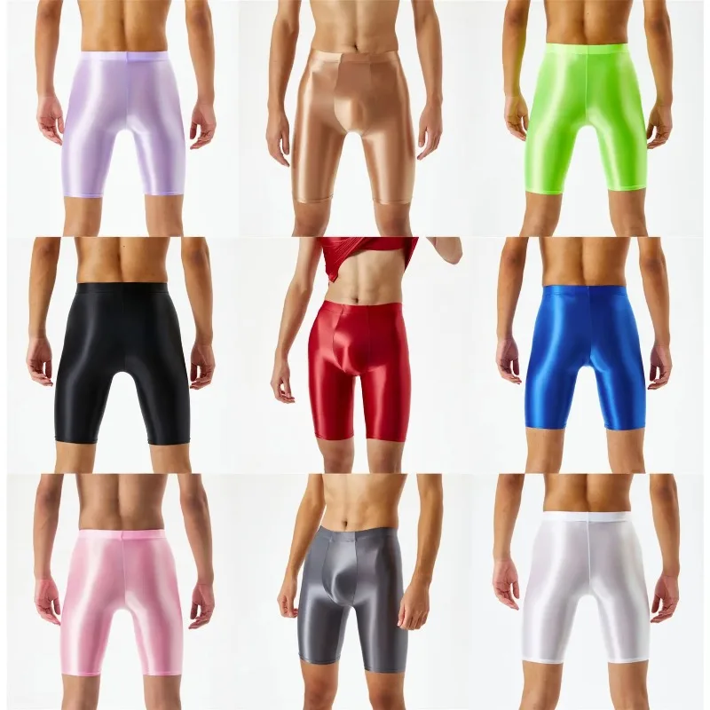 

Oily Shiny Boxershorts Men's Long Boxers Shorts Glossy Sexy U Pouch Underwear Panties Smooth Sports Male Swimming Trunks Fitness