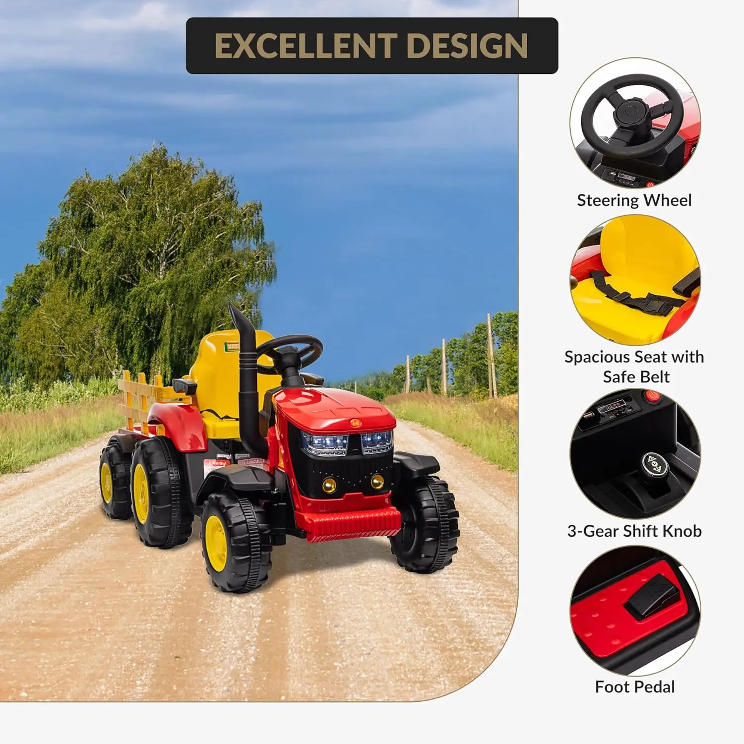 Jouets de tracteur pour enfants, avec télécommande, double moteur 35W, remorque détachable, ceinture de sécurité musicale Bluetooth et 7 lumières LED