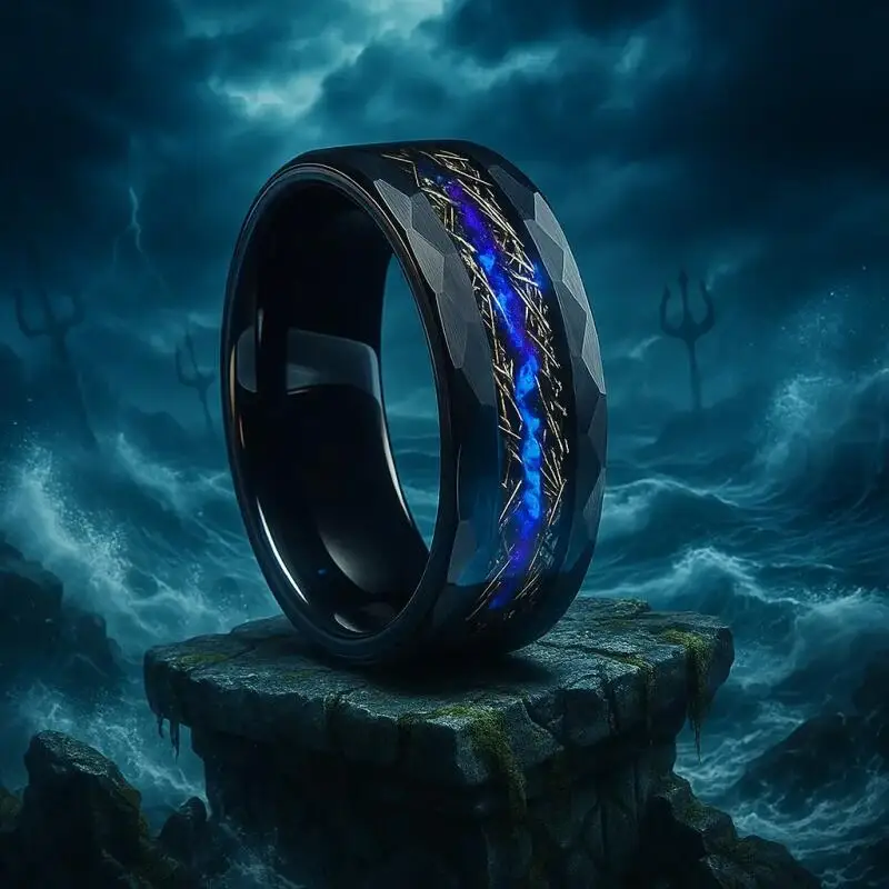 8mm Black Cutting Edge Side Middle Blue Stainless Steel Ring Unique Men's Engagement Wedding Ring The Best Valentine's Day Gift