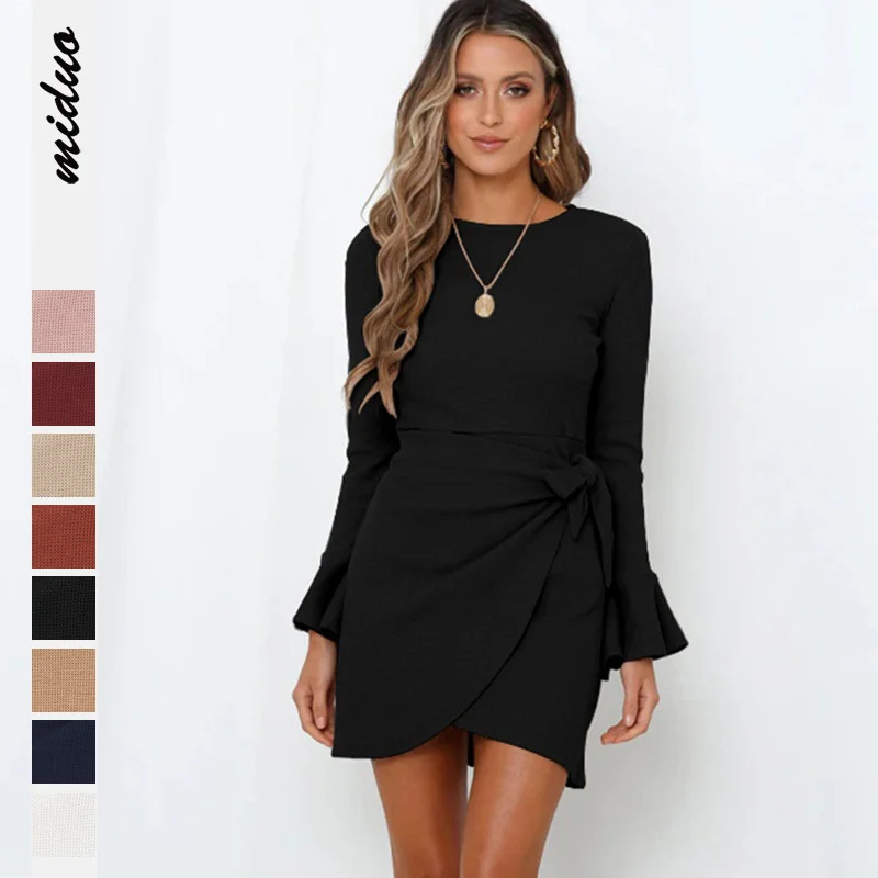 

Women's Short Dresses Solid Waffle Knit Ruched Bodycon Dresses Flared Long Sleeve Irregular Hem Mini Cocktail Party Belted Dress