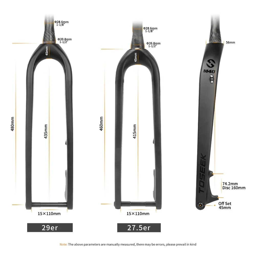 TOSEEK Full Carbon MTB Fork 15*110MM Mountain Bike Fork 27.5 29 Hide Cable Boost MTB Bicycle Rigid Forks Fit Disc Brake