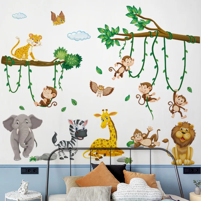 1 Piece Baby Room Decoration Wall Sticker Background Wall Forest Cartoon Animal World Children\'s Room Decoration