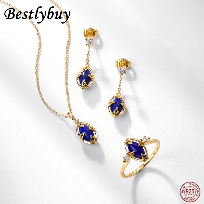 925 Sterling Silver Birthstone 5 * 9mm Natural Lapis Lazuli Jewelry Set For Women's Wedding Parties Luxury Gifts