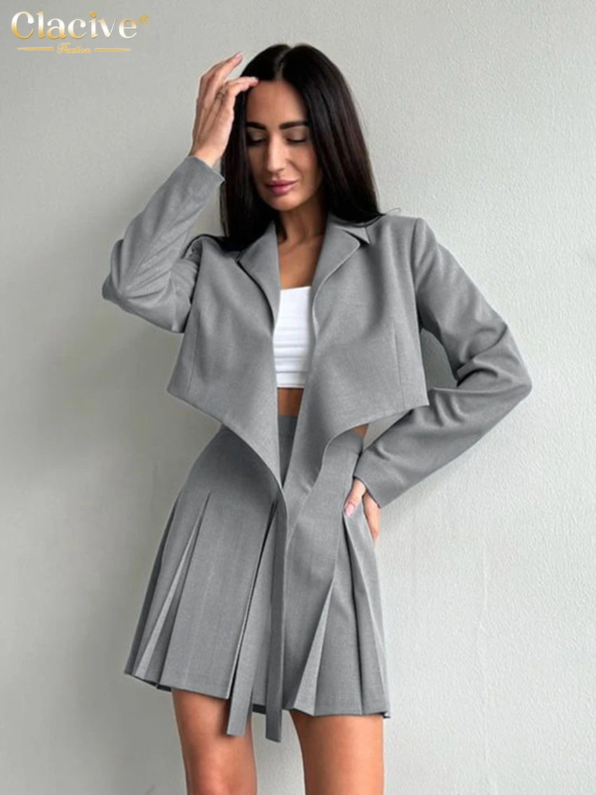 

Clacive Fashion Loose Gray Women's Two Pieces Set 2025 Elegant Long Sleeve Lace-Up Top With High Waist Pleated Mini Skirt Set