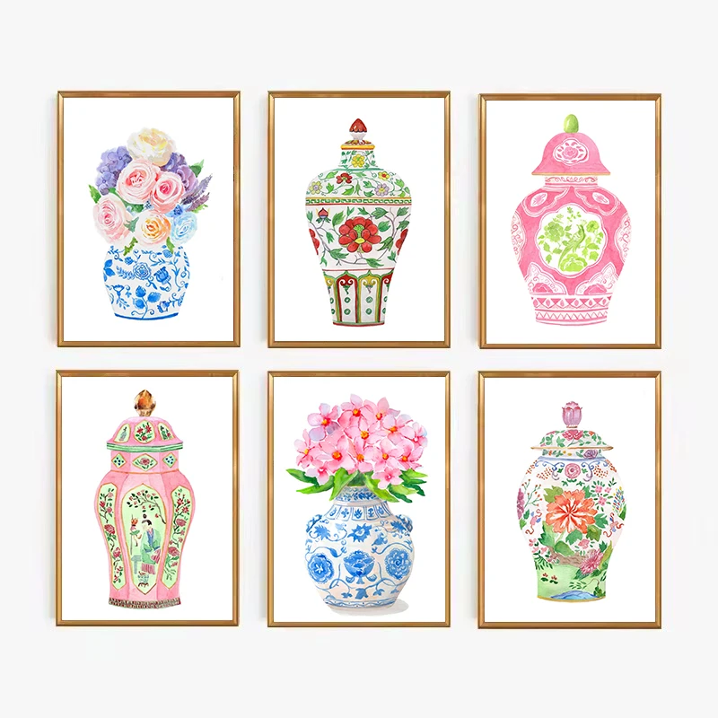 Watercolor Chinoiserie Vase Oriental Ginger Jar Blue White Porcelain Poster Canvas Painting Wall Art Pictures Home Decor