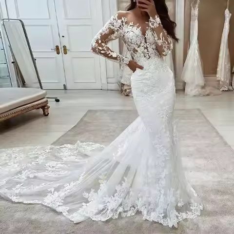 Boho Wedding Dress Mermaid Lace Long Sleeves Evening Gown Vintage White Ivory Custom Made Luxury Bridal Dress Beach Party Gown