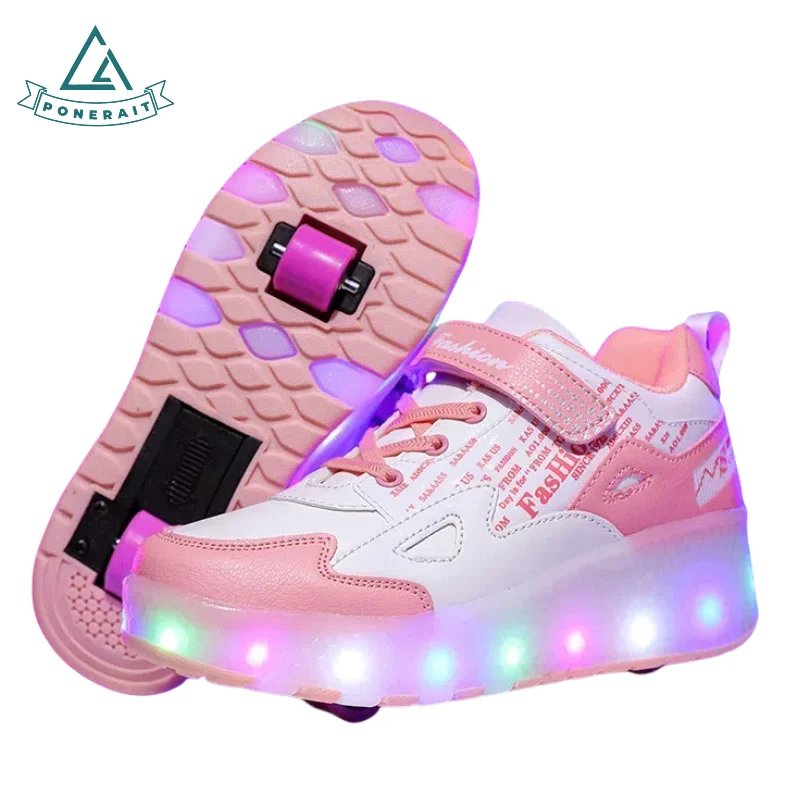 

PONERAIT Shoes with Wheels - 2 Wheel Light Up Roller Skates for Kids Beginners Magic Strap Closure Leather Skate Shoes Gift