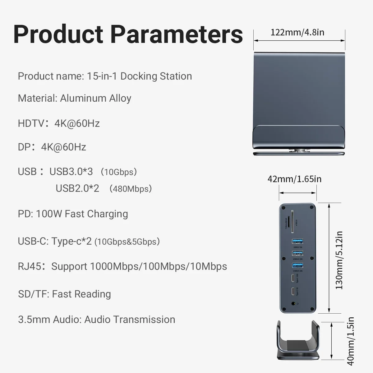 15-in-1 USB-C Docking Station 4K HD Vertical Hub Triple RJ45 1000M USB 3.0/2.0 PD 3.0 SD/TF 3.5 for Pro