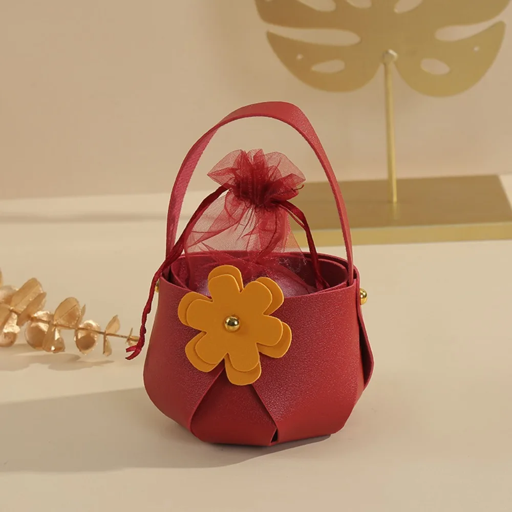 Empty Box PU Candy Leather Gift Bag Metal Petal Wedding Flower Skin Basket Ribbon Yarn Bucket Handbag Girl