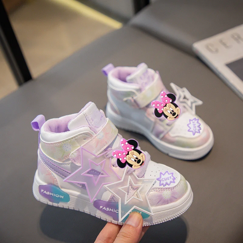 

Disney Girls Casual Shoes Spring Autumn mickey mouse minnie New Children Soft Sole Non-slip Sneakers girl High Top Board Shoes