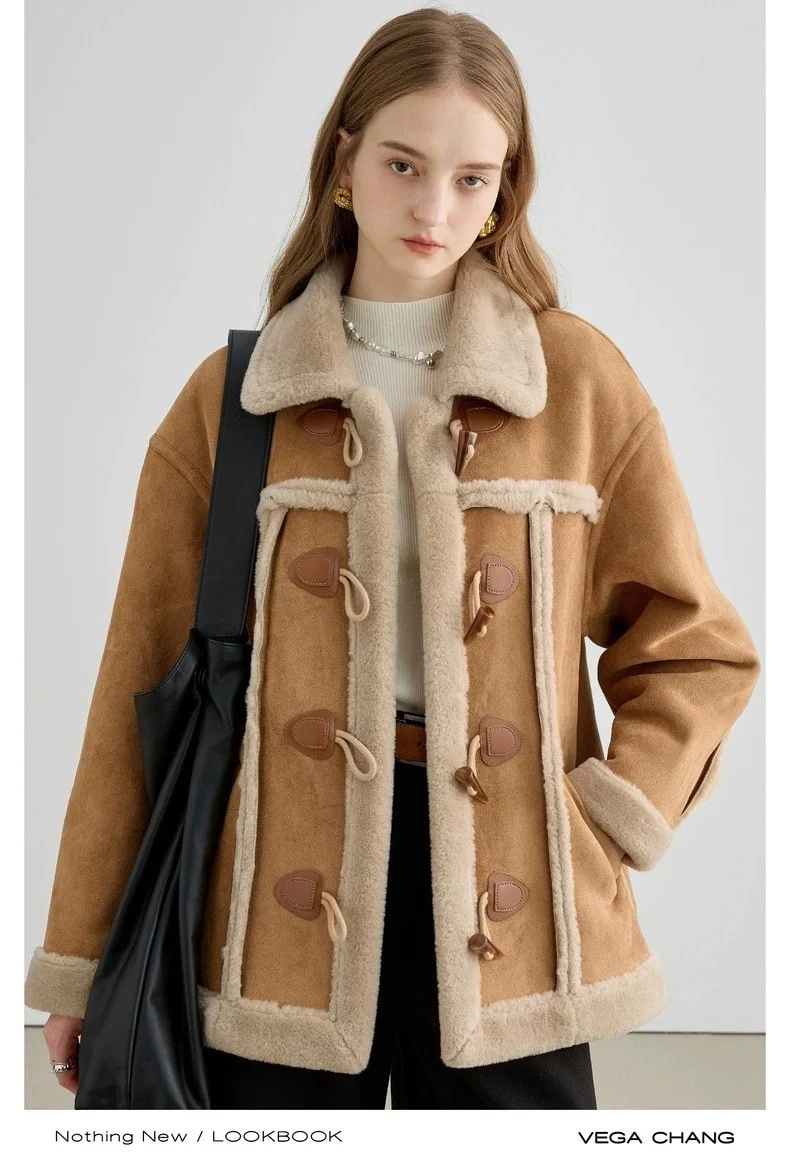 

Lamb Wool et Women New In Coats Belted American Khaki Round Neck Simple Cute Fashion Anti Wind Bomber Preppy Biker Full Vibe