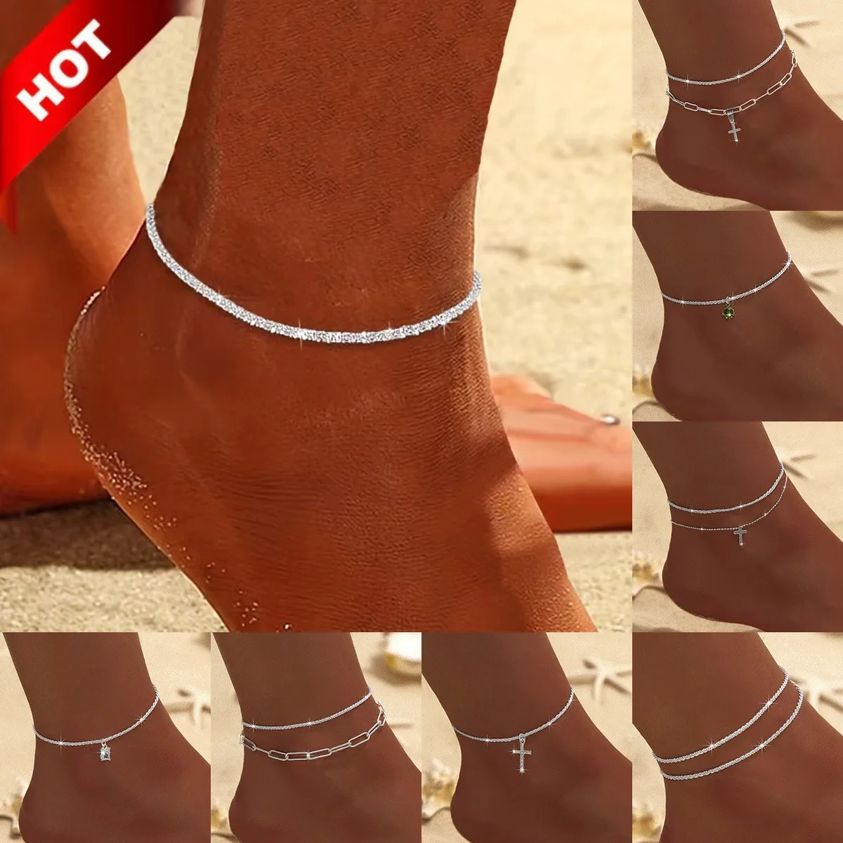 

Sparkling Chain Anklet Sets for Women Zircon Heart MultiLayer Copper Bracelet On Leg Foot Trendy Summer Beach Jewelry Gift