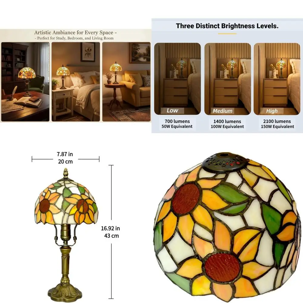 

Stained Glass 3-Way LED Table Lamp with Yellow Sunflower Design, Ideal for Bedrooms and Living Rooms, Includes 3-Way LED Bulb