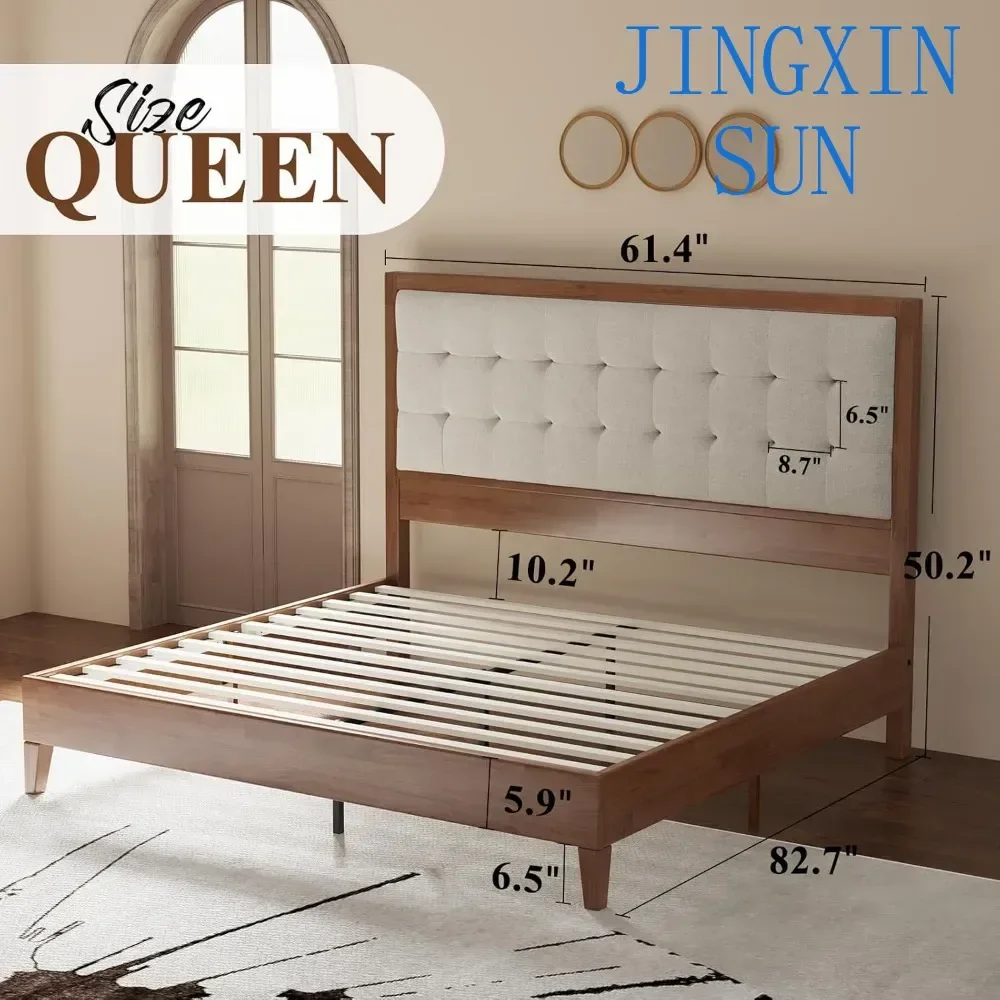 Wood Platform Bed Frame, Queen Size Upholstered Tufted Headboard/Solid Wood Be No Box Spring Needed,Bedroom Beds Frames