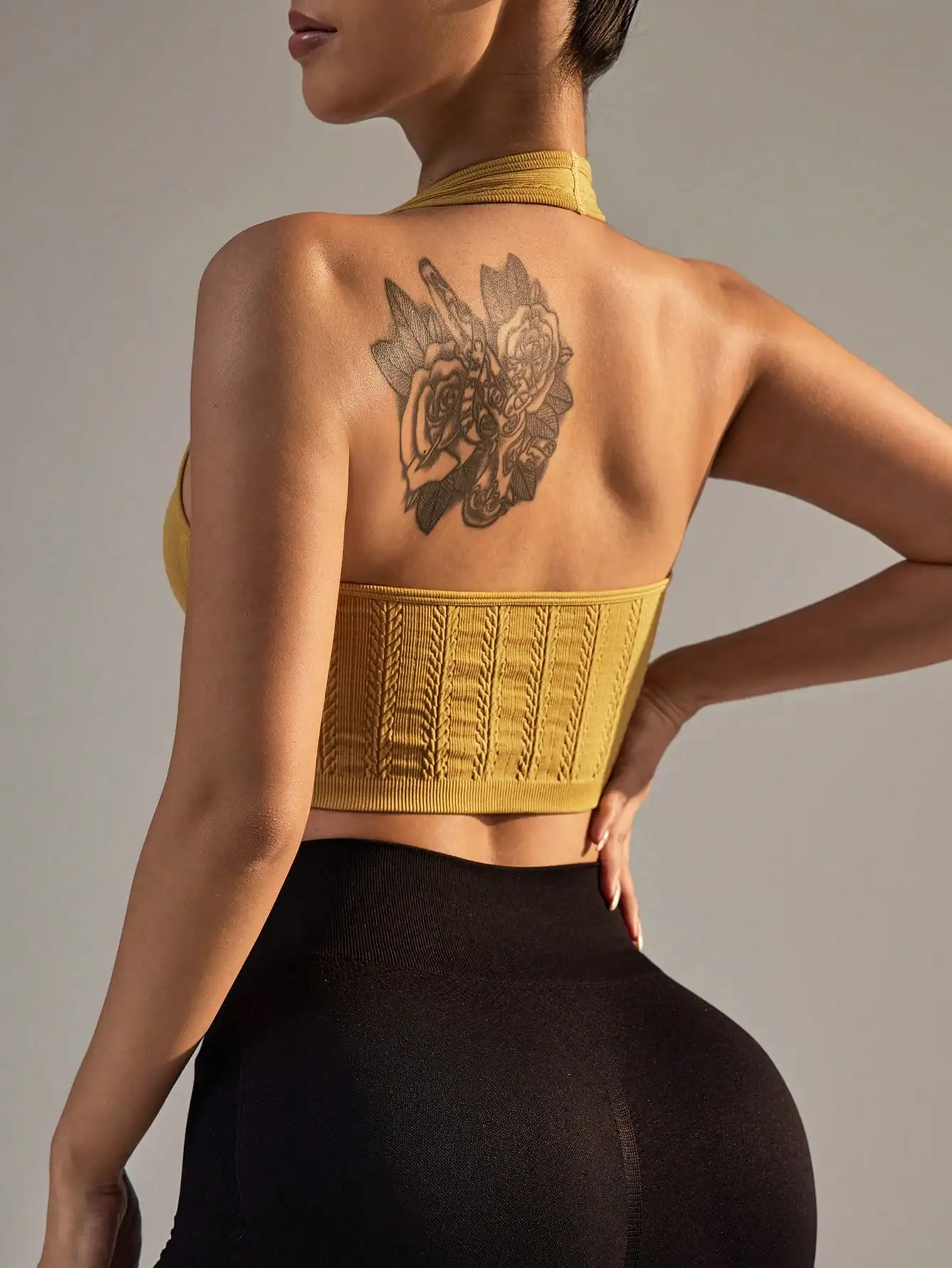 Women Wheat Leaf Textured Halter Crop Tank Top U Neck Ribbed Sleeveless Slim Gym Yoga Workout Cami Vest