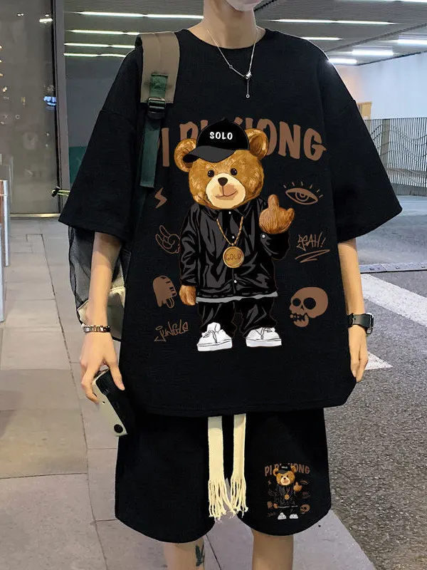 

Повседневный спортивный костюм с рисунком медведя в стиле хип-хоп, мужской летний костюм 2025, новый тренд, универсальный полный комплект для подростков