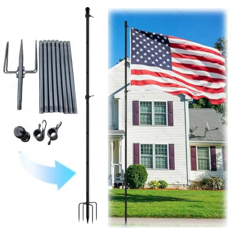 11/12FT In Ground Flag Poles for Outside House - Fit for 1 Flags Extra Thick Flag Pole Kit with 5 Prongs Base, Ground FlagPoles