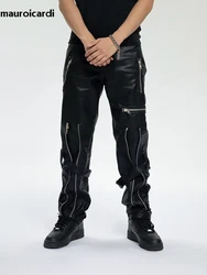 Mauroicardi Spring Autumn Cool Black Pu Leather Pants Men with Many Zippers Belt Luxury Designer Clothing Trousers Fashions 2023