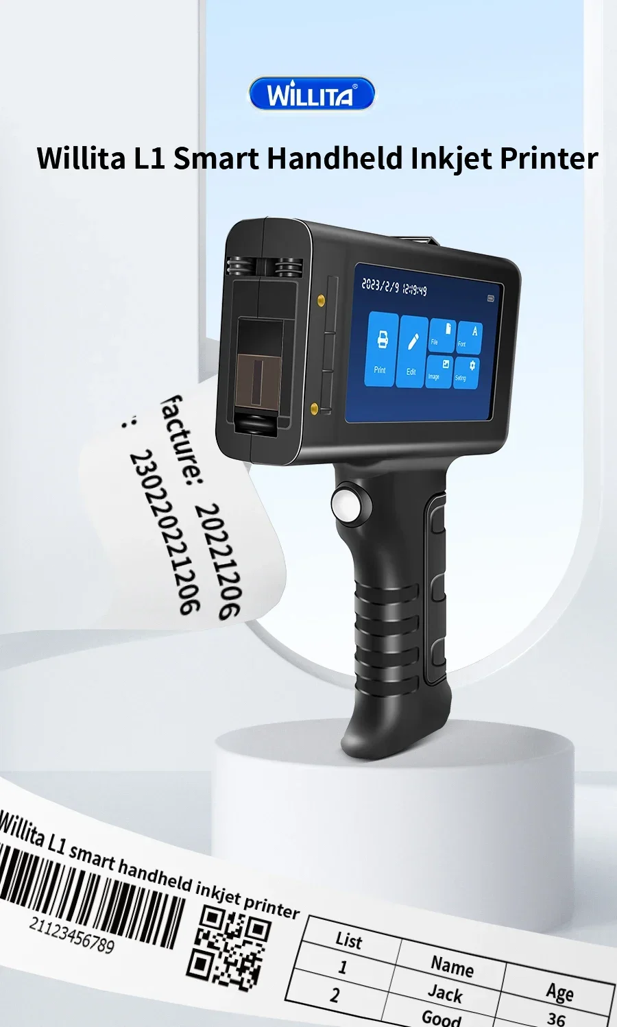 Willita Portable 5 Inch Touch Screen Handheld Printer Printing Height 0.5 Inch Inkjet Coding Machine for Barcode Variable Data view 6