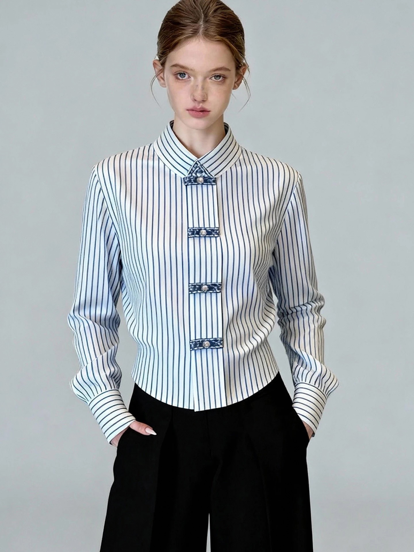 

Spring Commute Women's Shirt Long Sleeve Striped Color Block Design Korean Style Slimming Fashionable Top Office Wear