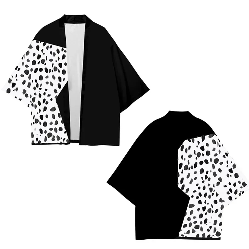 101 Dalmatiërs Cruella De Vil Cosplay Kostuums Jas Wit Zwart Afdrukken Kimono Cruella Mantels Casual Streetwear Vrouwen Mannen BS328