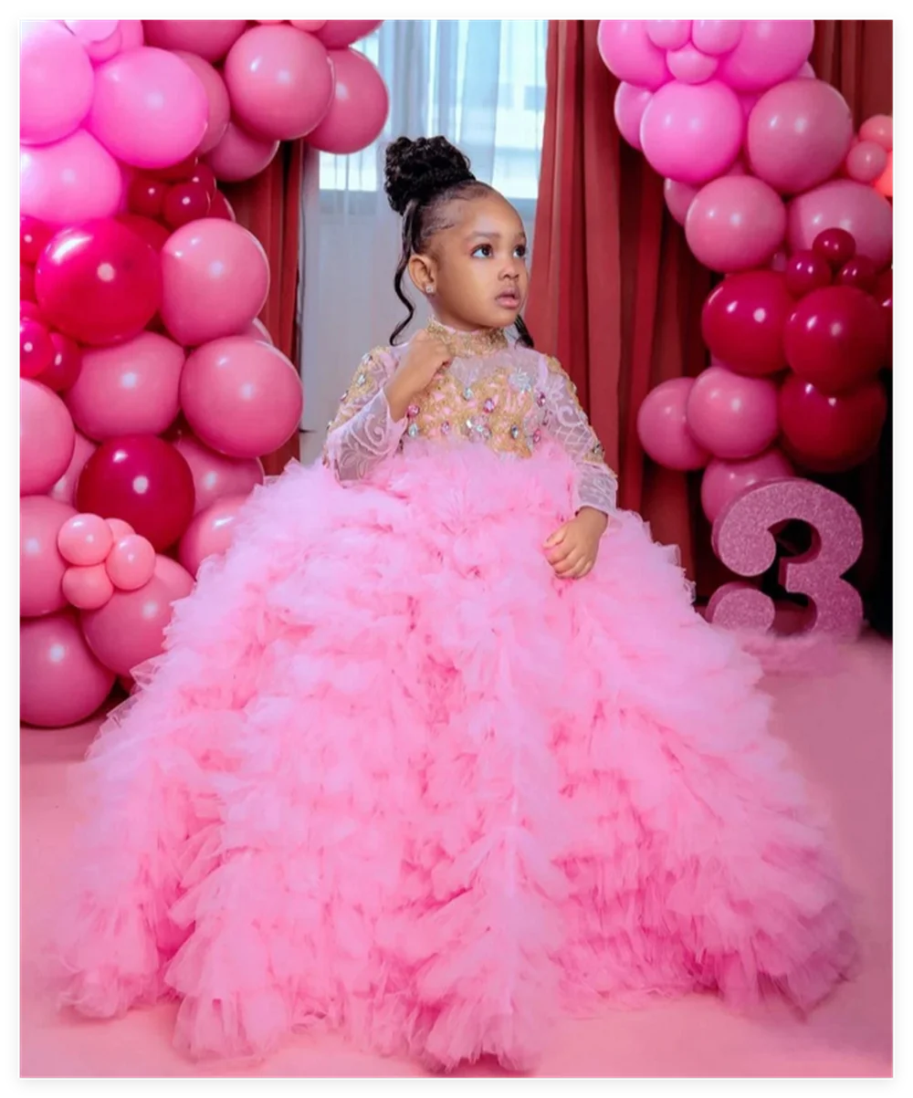 

Flower Girl Dresses Pink Tulle Puffy Sequin With Bow Feather Cloak For Wedding Birthday Banquet Princess Gowns Customized