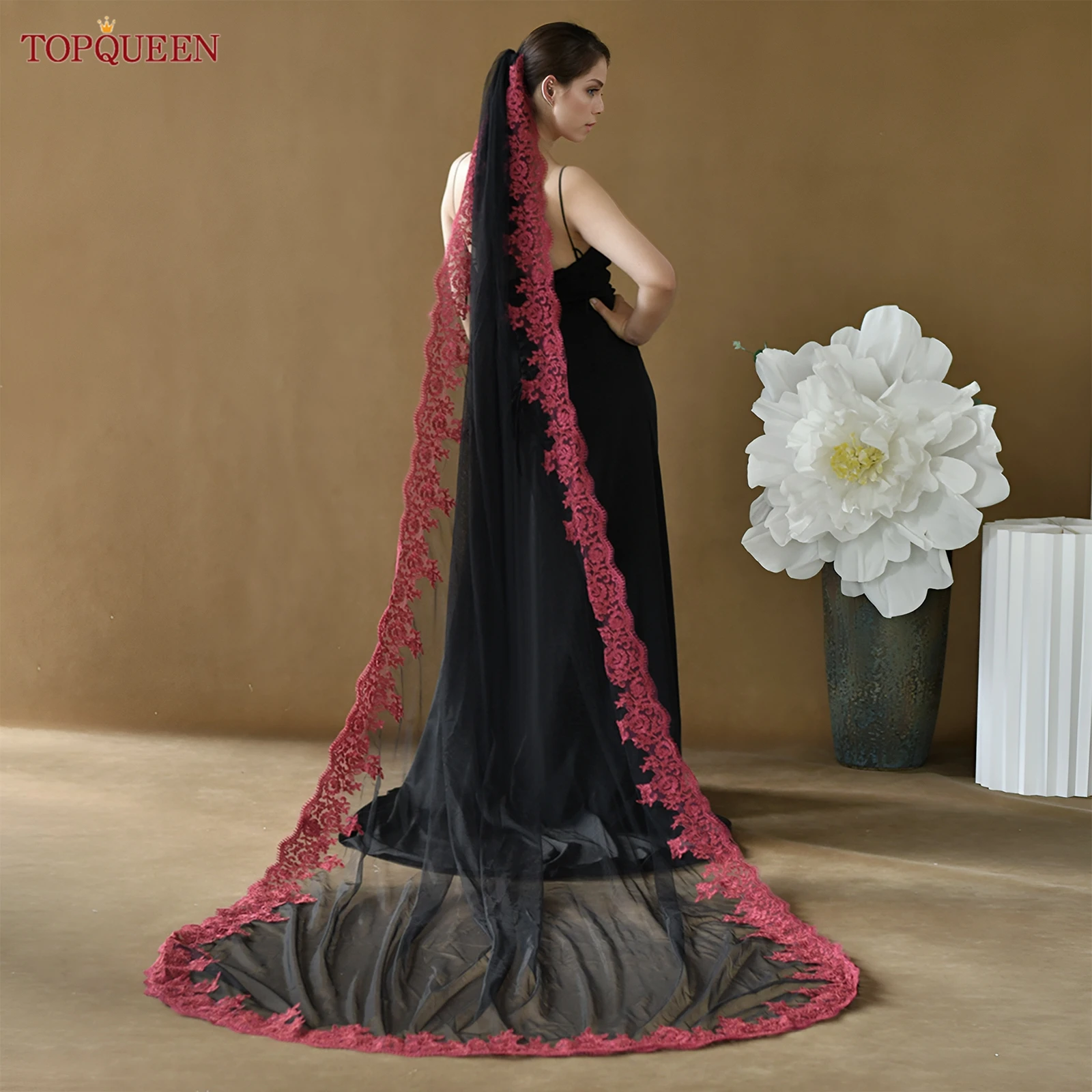 

TOPQUEEN черная женская фата с расческой 3 мл бордовая кружевная фата аксессуары свадебные платья для невесты роскошные M126