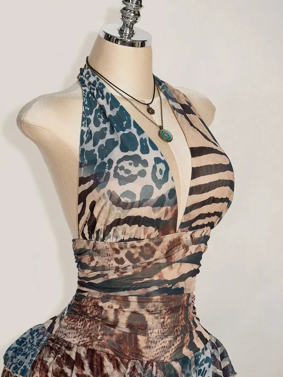 Plus Size Leopard Print Halter Neck Ruched Waist Mesh Panel Dress For Women
