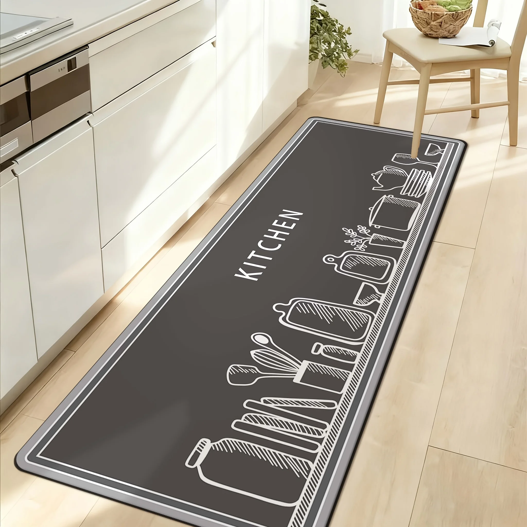 Minimalist Gray Kitchen Utensil Print Mat, Non-Slip Oil-Proof Waterproof Stain Resistant Long Floor Rug for Home Decor