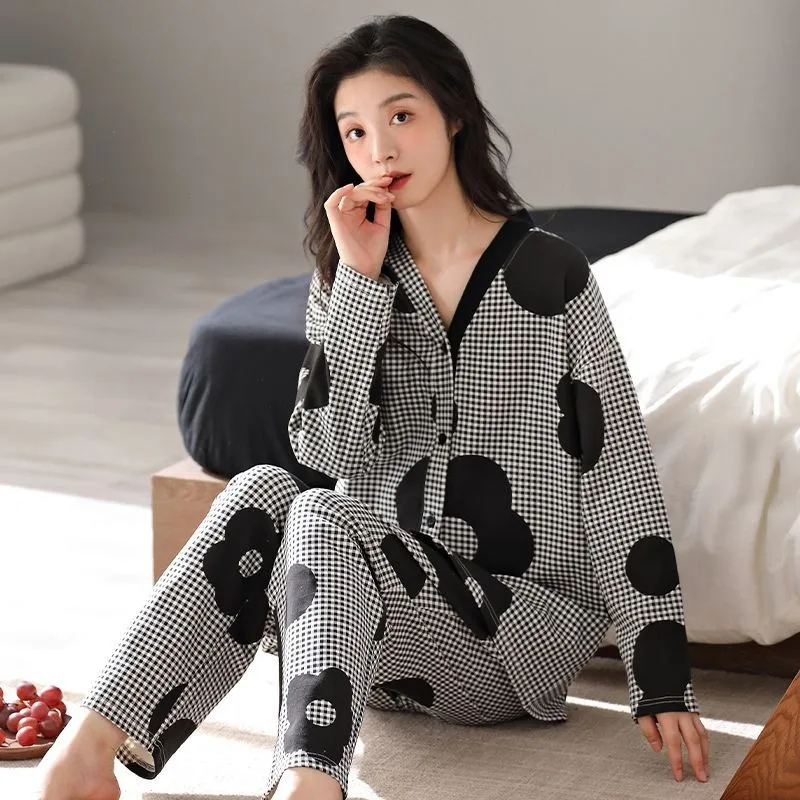 Women Pajamas 2024 Spring Autumn New Pure Cotton Long Sleeve Large Size V-neck Female Homewear Suit Casual Loose Sleepwear Set