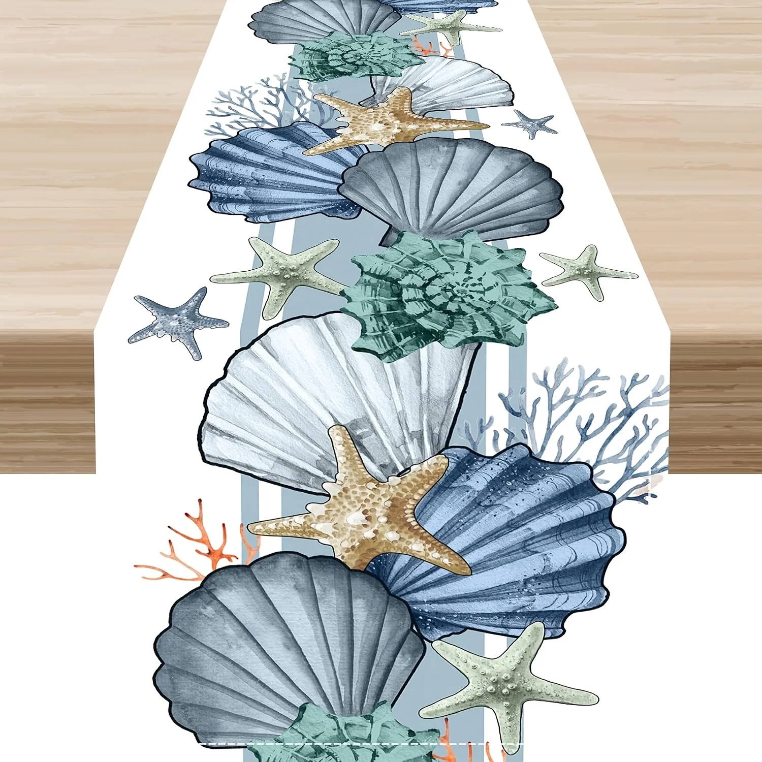 Watercolor Seashell Starfish Table Runner Coral Nautical Print for Dining Table Summer Coastal Home Decor