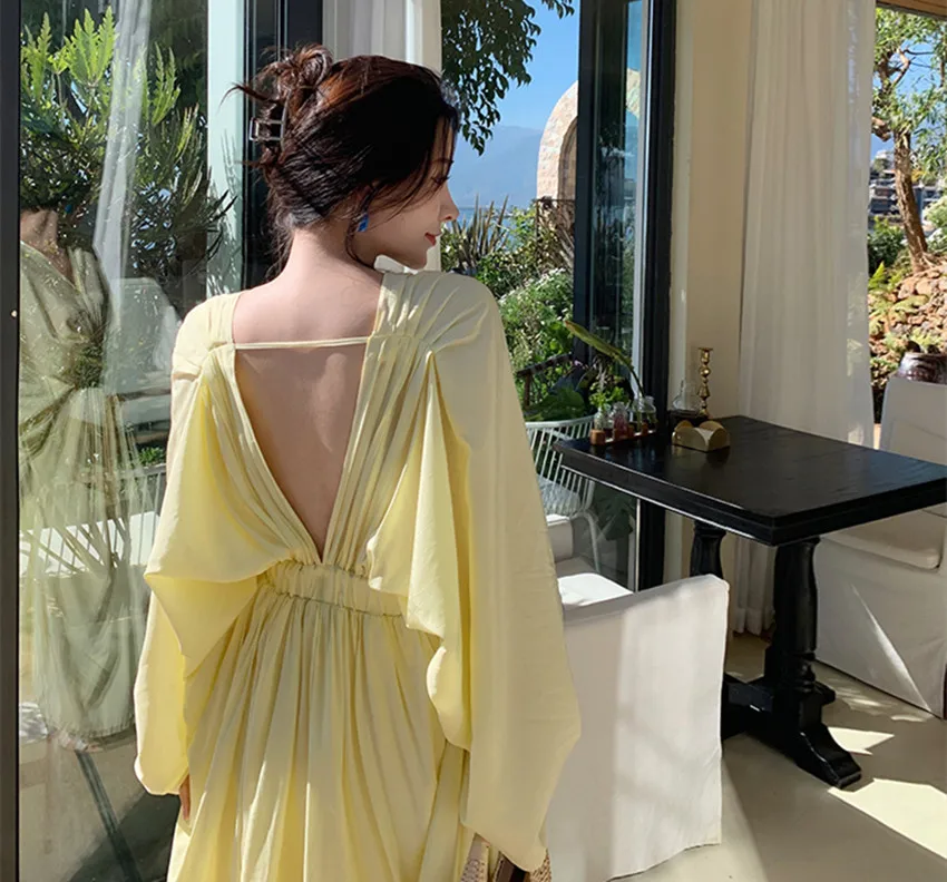 JSXDHK Fashion Design Summer Boho Holiday Style Dress Chic Women V Neck Batwing Sleeve Yellow Backless Sexy Beach Long Vestidos