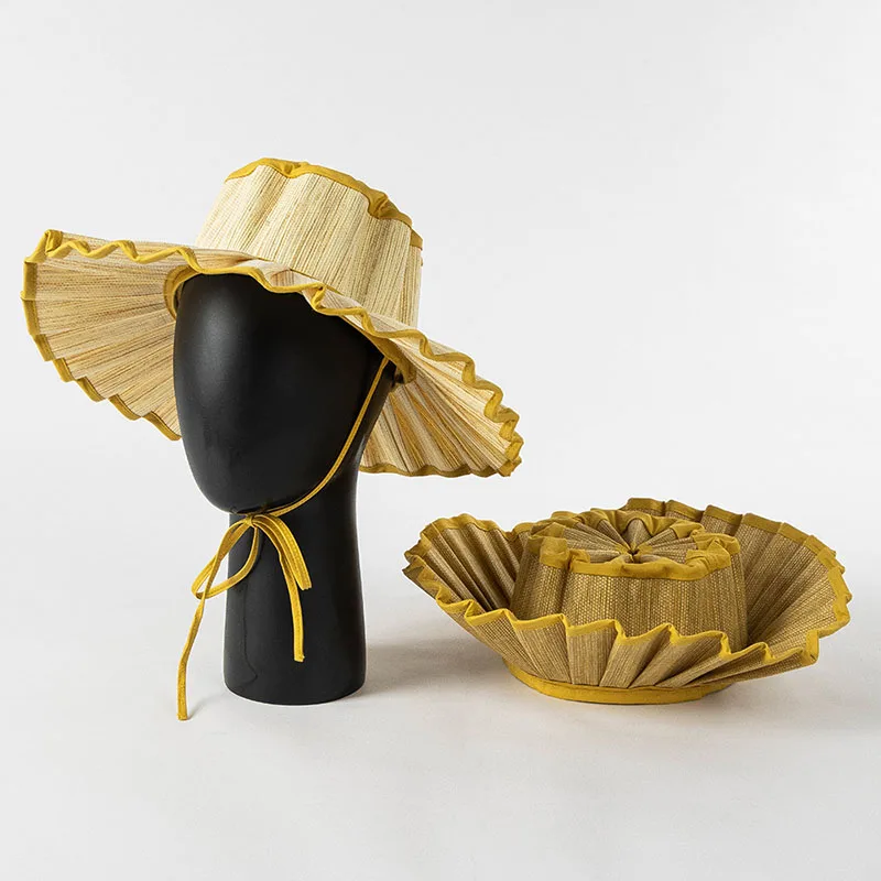 

Adult Wide Brim Foldable Pleated Straw Hat Elegant Summer Pleated Hat Men Women Outdoor Beach Sun Hat Foldable Party Wedding Hat