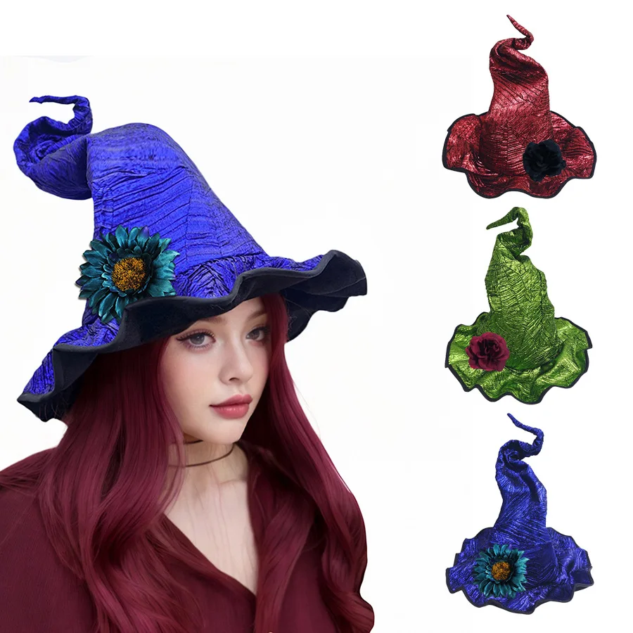 Sombrero de Halloween, sombrero de bruja con decoración, borde con volantes, sombreros de Cosplay de Halloween para disfraz de Carnaval, sombrero negro de estilo oscuro