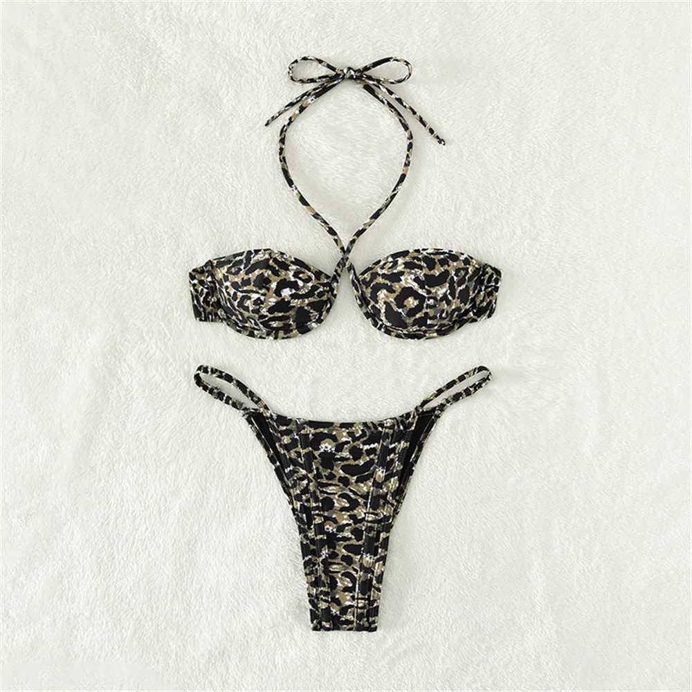 Leopard Print Bikini Push Up Swimsuit Backless Bandage Swimwear Women Micro Bath Suits Vacation Outfit Brazil Beach Tangas Mujer