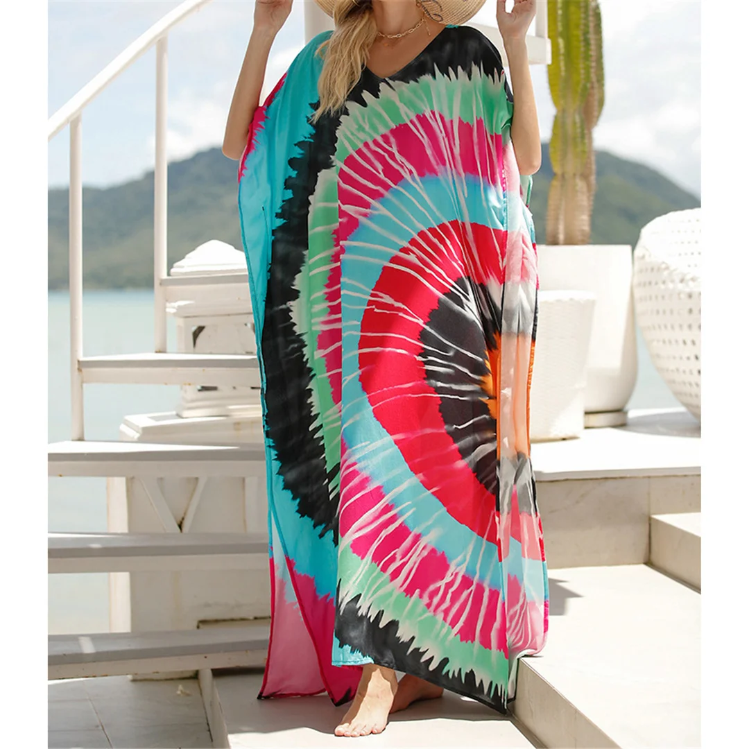 Bedrucktes, kurzärmeliges, V-Ausschnitt-Strandkleid aus Häkelgarn, langes Strandkleid, Strandmode, Damenmode, V7199 – Detail 8