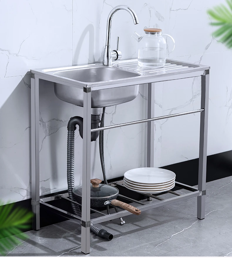 Stainless Steel  Sink Table with Platform Integrated Household Dishwashing and Vegetable Washing with Bracket Kitchen Wash Basin