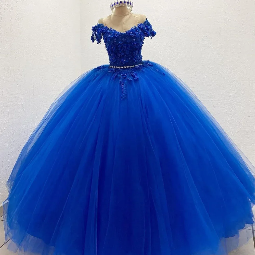 Glittering Royal Blue Crystal Quinceanera Dresses 3D Flower Lace Princess Cinderella Birthday Vestidos De 15 Anos