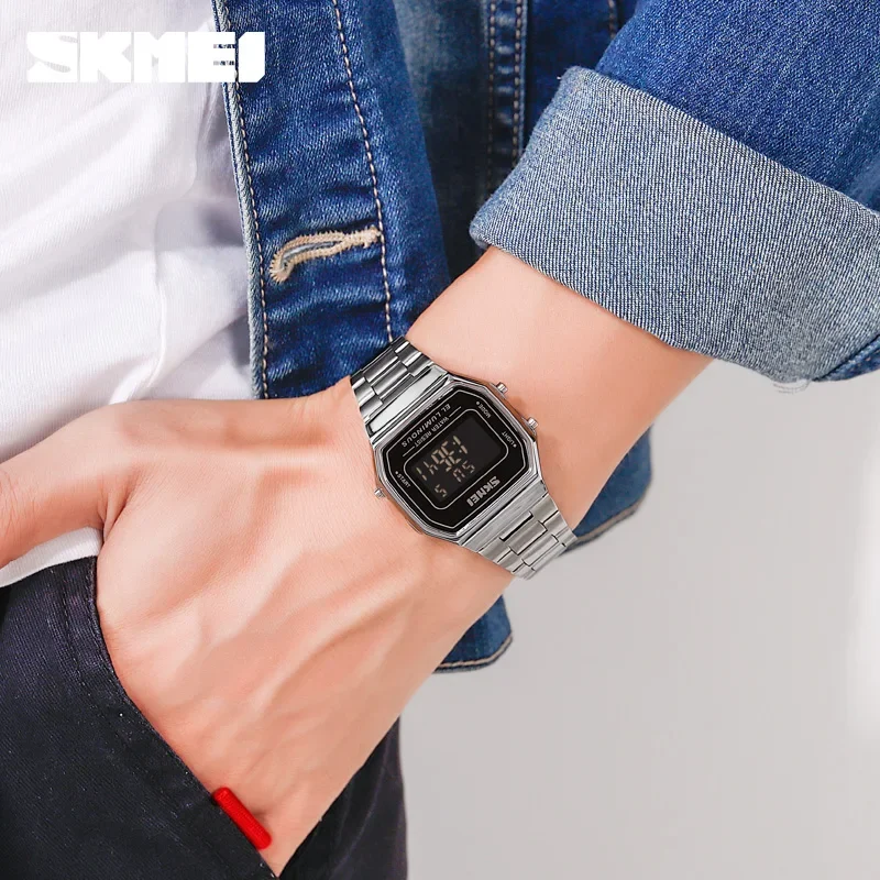 Skmei Casual Simple Mens Wristwatches Stainless Steel Band Waterproof Watch Men Reloj Hombre Retro LED Digital Male Watches 1647