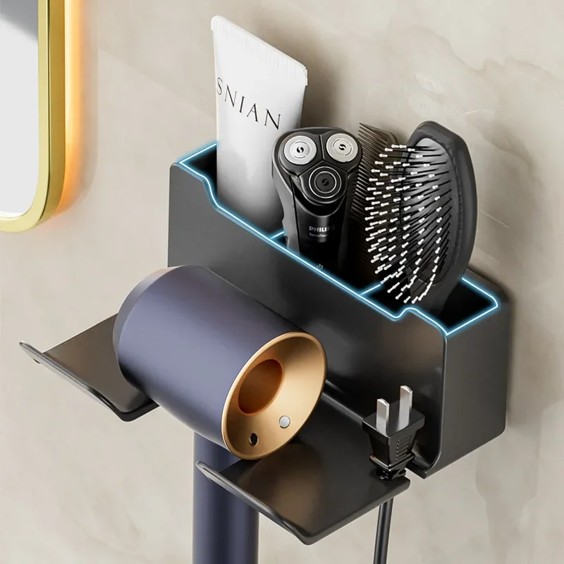 

Multi-functional bathroom rack with hair dryer slot and storage basket.