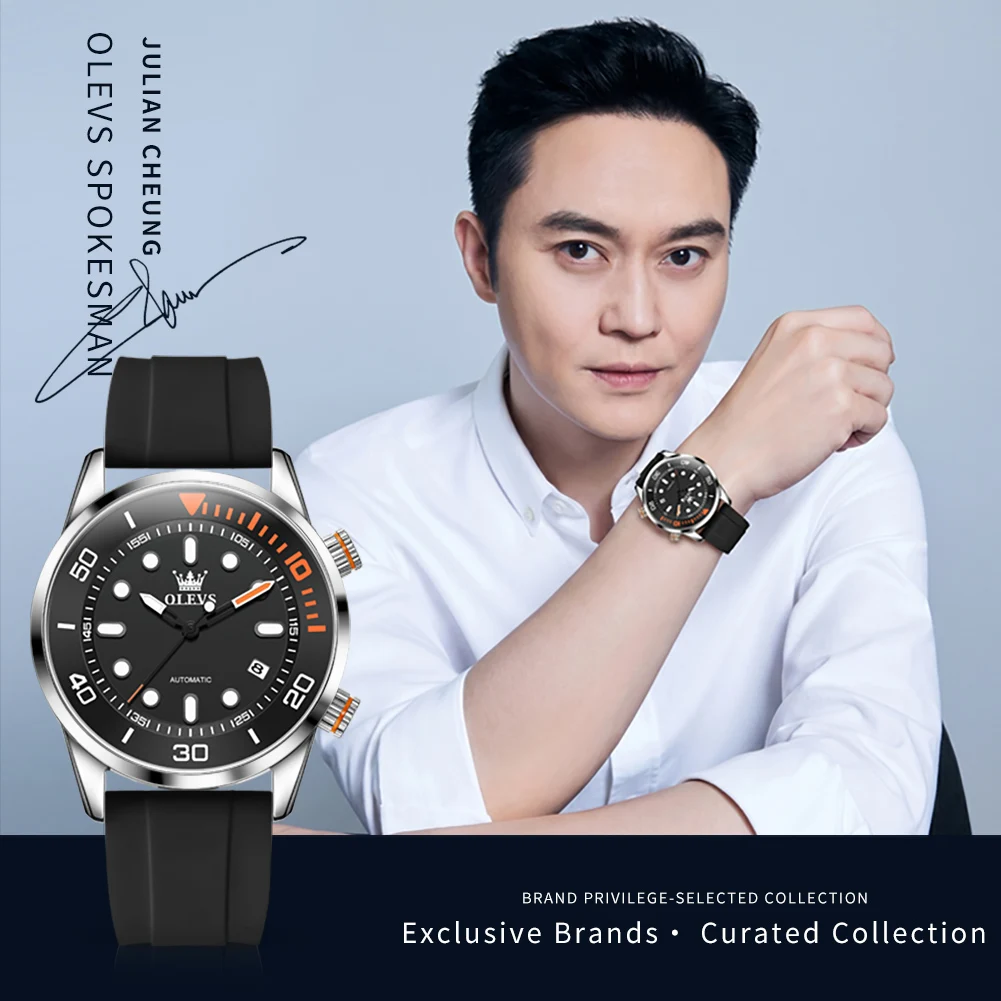 OLEVS 6751 Original Automatic Men's Watches Fashion Silicone Strap Water Green Ghost Diving Series Mechanical Watches for Man