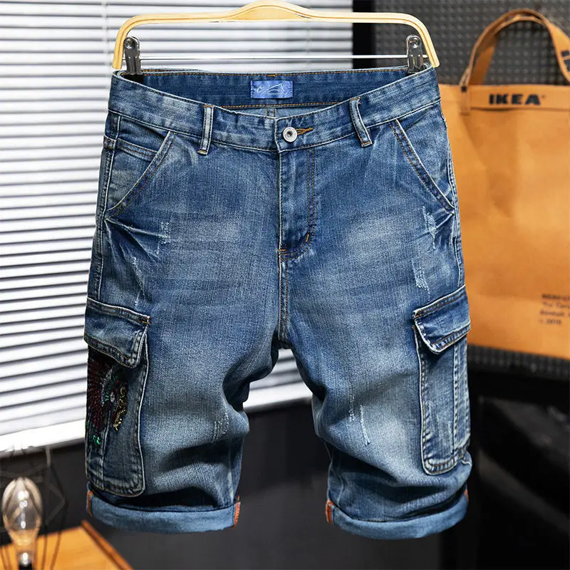 Embroidery Multi-pocket Denim Shorts Men's Pants Large Size Loose Outer Wear Medium Pants Summer Cargo Jeans Denim Short Men