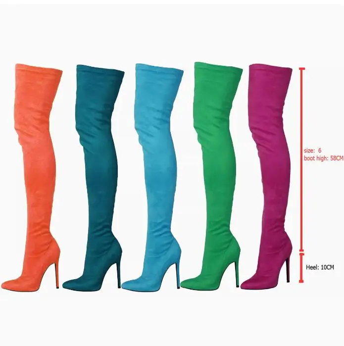 Sexy Stretch Suede 10cm High Heels Thigh Boots Pointed Toe Candy Suede Over The Knee Boots Woman Elastic Booties view 2