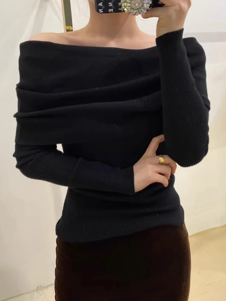 Ele Autumn Winter Knitted Sweater Long Sve One-oulder Bony Exposure Slimming Versatile Women's Faion Commute Sle