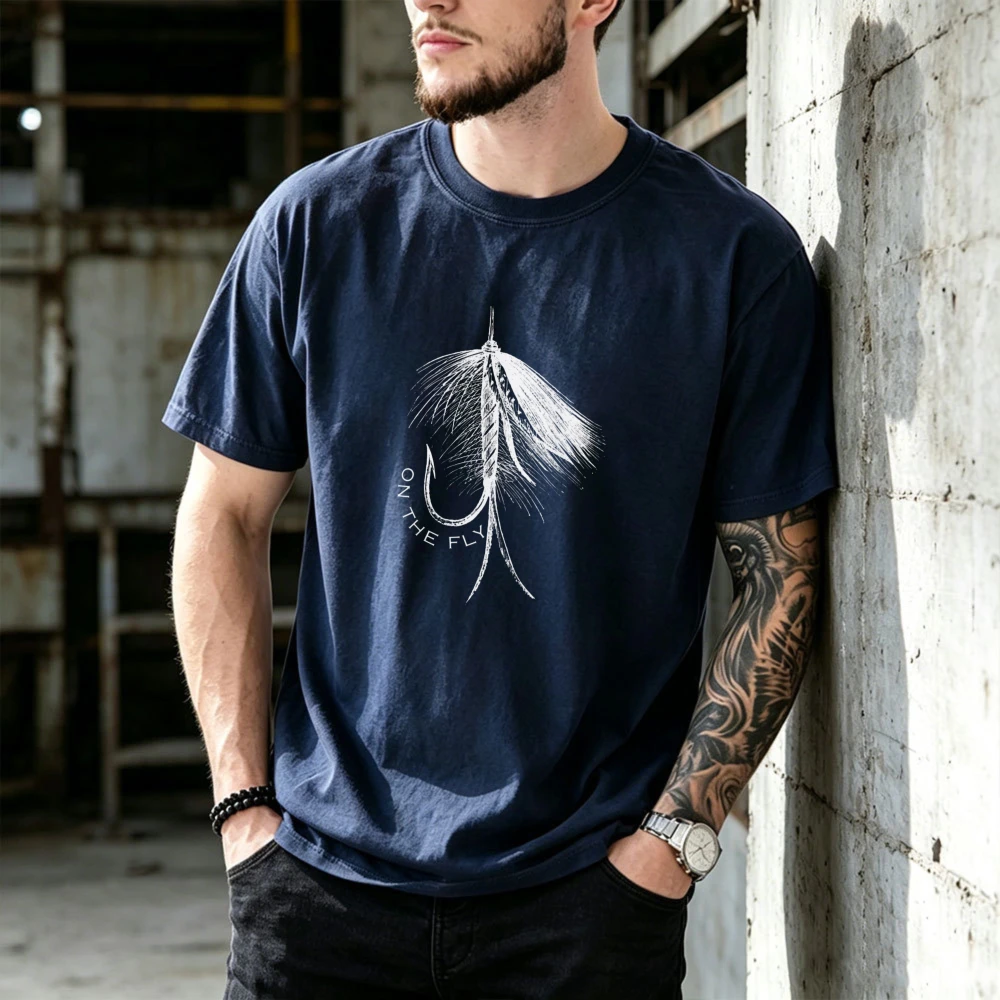 On The Fly Fishing T-Shirt with Fly Lure Design Gift for Stream River or Lake Trout Fisherman Dad or Husband Unisex Cotton Shirt