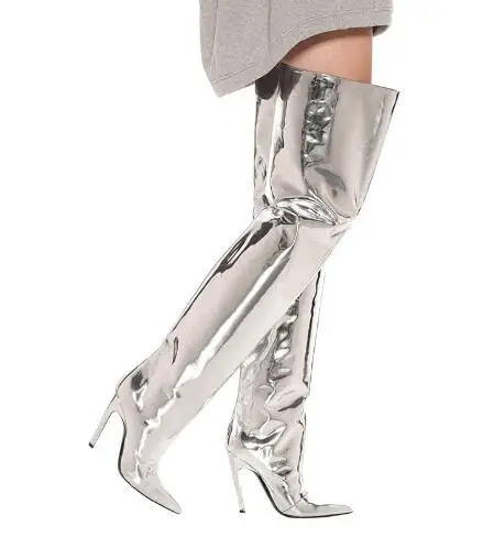 

New Woman Sliver Black Shiny Leather Pointed Toe Stiletto Heels Over The Knee Boots Female Fashion Run Way Slip On Thigh Boots