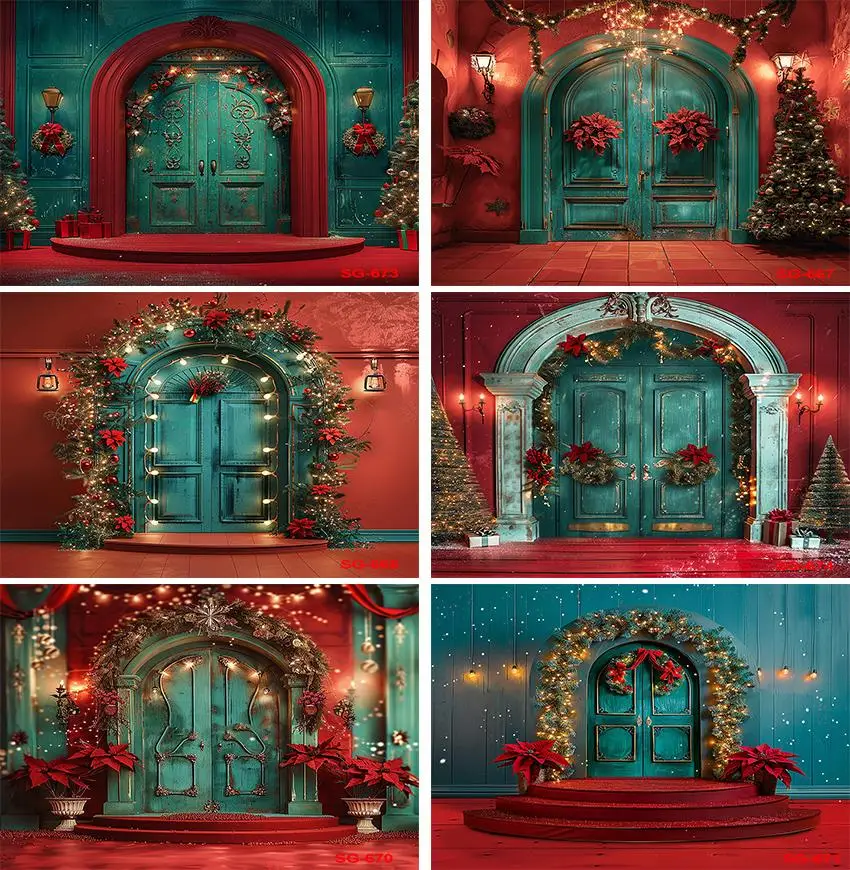 خلفية تصوير بباب أخضر مع أضواء لامعة ، إطار عيد الميلاد ، شجرة عيد الميلاد ، خلفية عطلة عائلية ، طفل