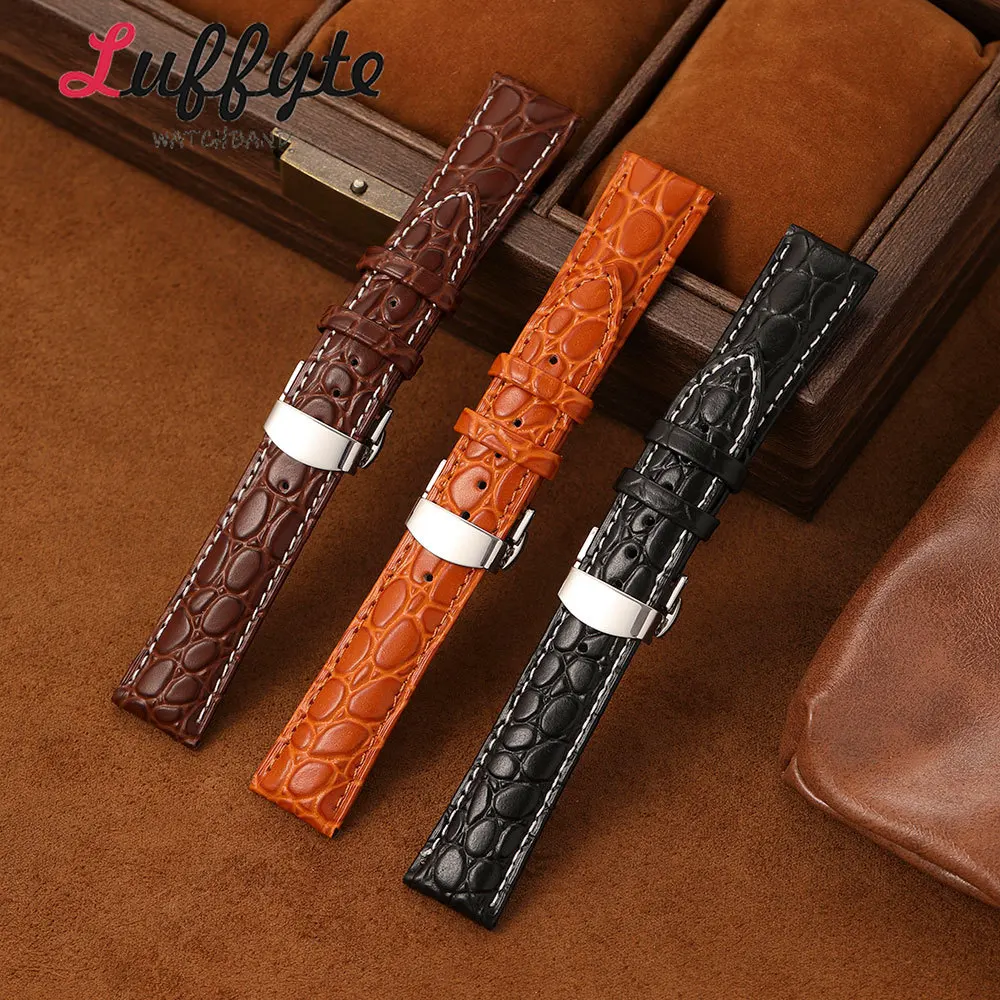 Fashion Men Synthetic Leather Watchband 18mm 20mm 22mm 24mm with Butterfly Buckle Crocodile Texture Wristwatch Strap